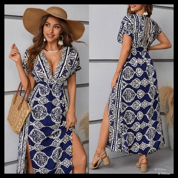 BOUTIQUE Floral Print Side Slits Deep V-neck Short Sleeve Blue Maxi Dress - Picture 2 of 6